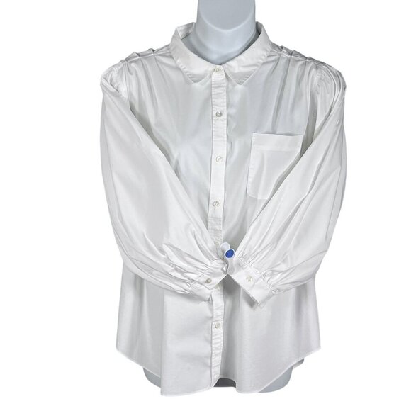 Philosophy Womans 3X White Button Up Blouse Balloon Sleeves Pocket Minimalist - Picture 7 of 16